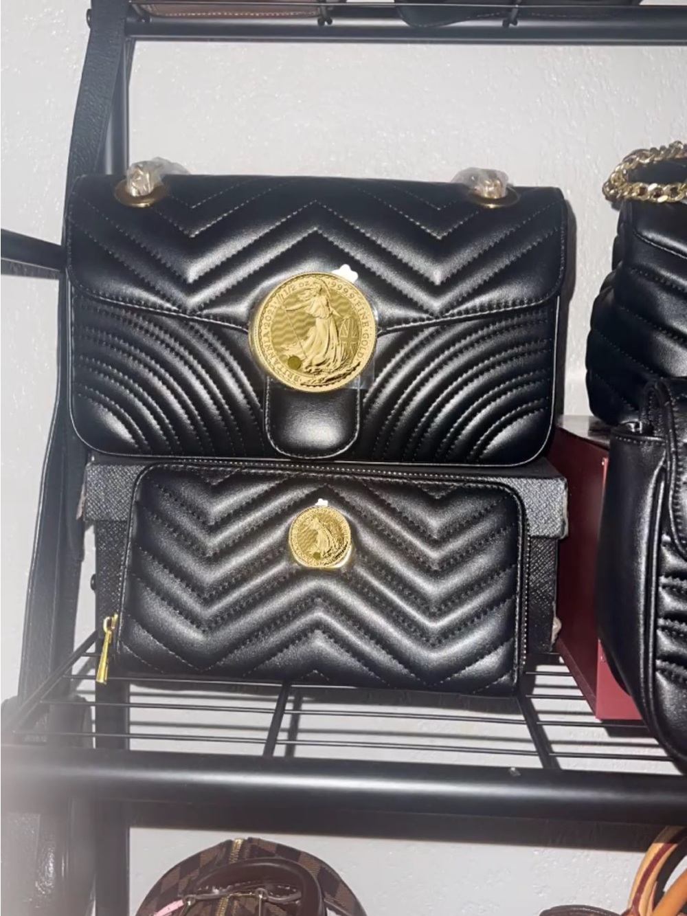 Black Quilted Crossbody Bag & Wallet Set with Gold Medallion